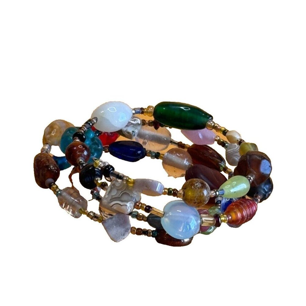 Vintage Art Glass & Gemstone Multi-Color Wrap Bracelet Boho Style - Picture 7 of 10